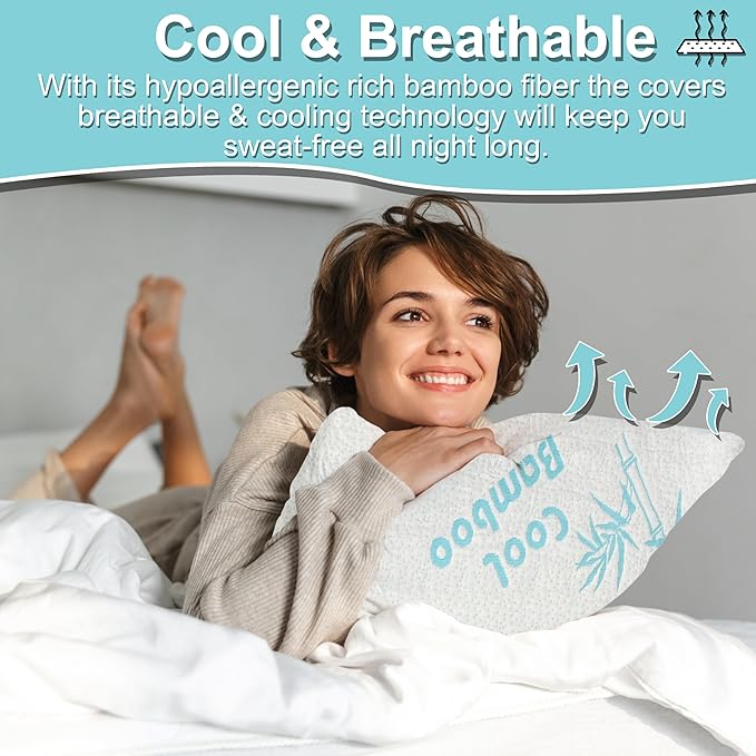Cool Rayon of Bamboo Pillows 2 Pack Queen Size (20"x30") for Sleeping, Soft Shredded Adjustable Memory Foam Washable Zippered Breathable Cover, Relieves Neck Pain Asthma for Back/Stomach/Side Sleeper