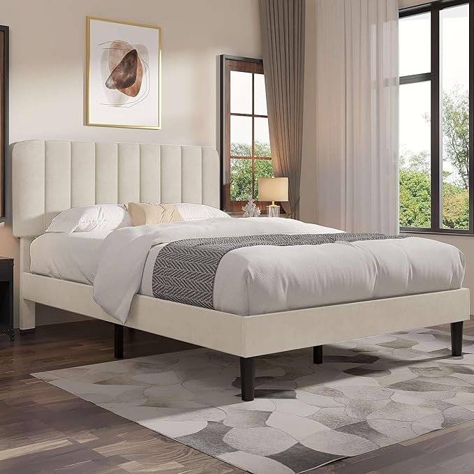 VECELO Full Size Bed Frame with Upholstered Headboard, Velvet Platform Bedframe Mattress Foundation, Strong Wood Slat Support, No Box Spring Needed,Velvet Beige