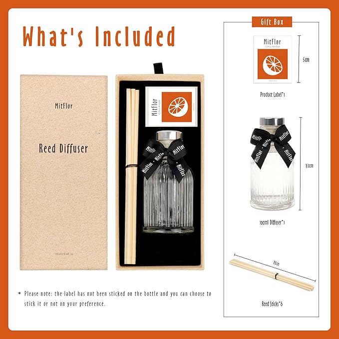 Reed Diffuser Set, MitFlor Citrus Amber Hotel Collection Diffuser 3.4 fl oz, Long-Lasting Fragrance Home & Bathroom Decor, Aromatherapy Diffuser Oil Gift Set