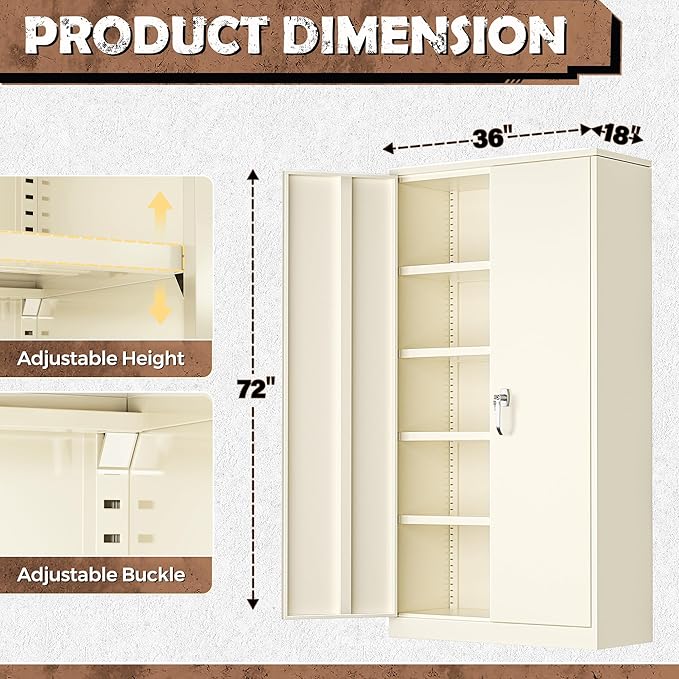 INTERGREAT Tall Metal Storage Cabinet Locking Steel with 4 Adjustable Shelves,72" Lockable Cabinets Lock 2 Doors for Office Garage Supply Home (Cream Gray)