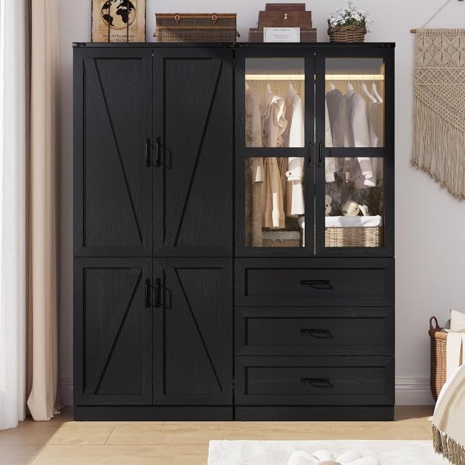 75" Tall Farmhouse 4 Doors Armoire Wardrobe Closet with 3 Drawers and LED,Freestanding Closet Wardrobe Cabinet for Bedroom with Hanging Rod,Wooden Armoire Storage Cabinet with Adjustable shelve(Black)
