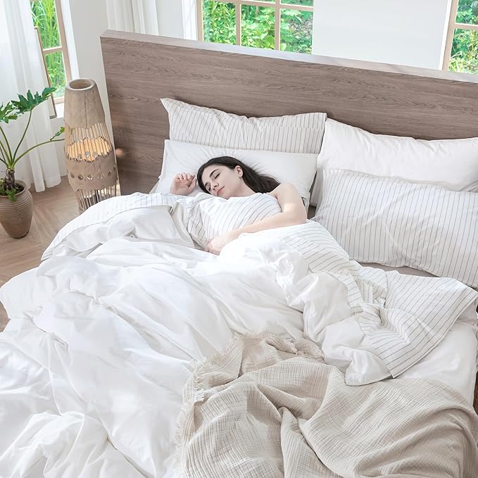 MooMee Bedding Duvet Cover Set 100% Washed Cotton Linen Like Textured Breathable Durable Soft Comfy (Solid Bright White, Oversized King Plus 128"x120")