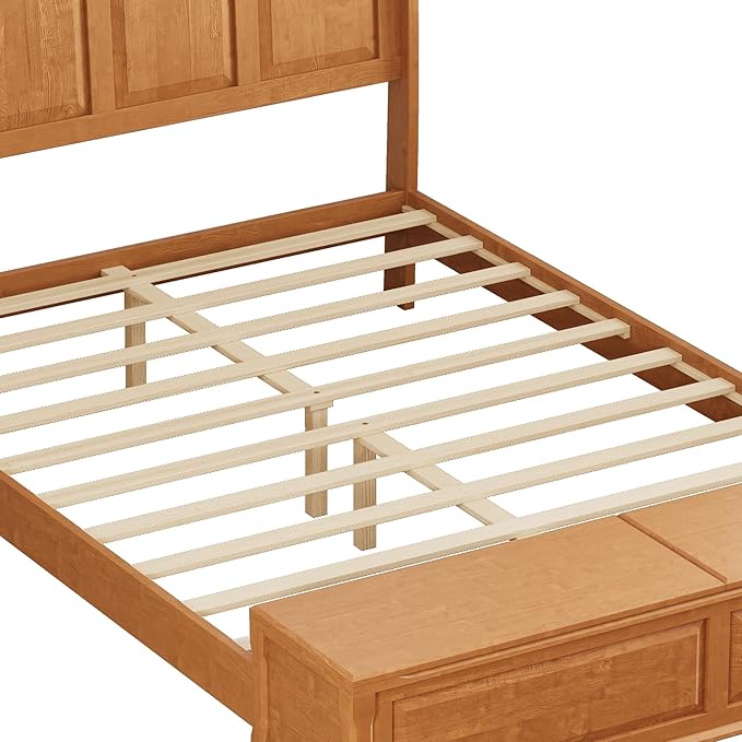 KEIKI Queen Size Platform Bed Frame with Storage Chest, Wooden Sleigh Bed with High Headboard and Footboard Storage Bench, Solid Wood Construction, No Box Spring Needed, Natural