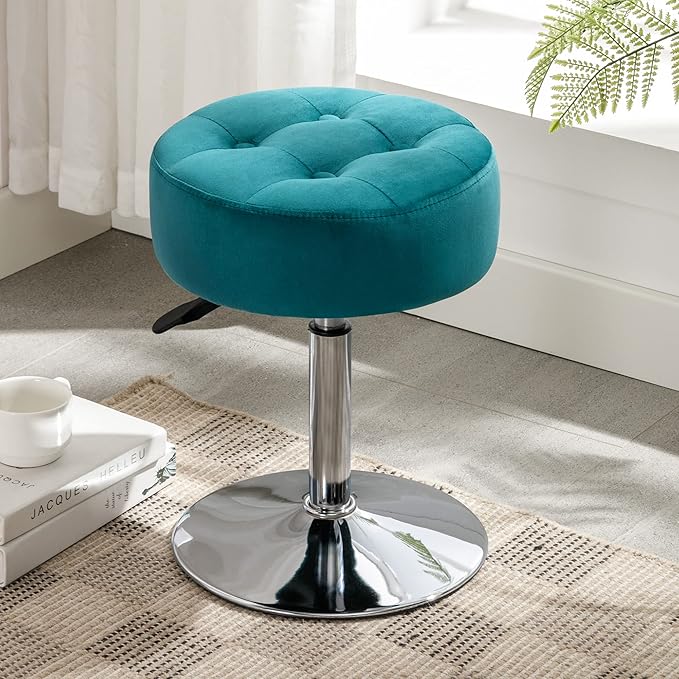 LUE BONA Adjustable Vanity Stool, 360 Swivel Chair for Makeup Room, Vanity Chairs, Teal Faux Leather Stool for Bathroom & Living Room