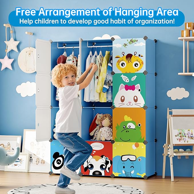 MAGINELS Kids Closet Organizers and Storage, 12 Cube Storage Organizer, Portable Closet Organizer Cubes Shelves for Clothes, Bedroom, Kids Room, Bathroom, Wardrobe, Garment Racks,Cube(14x14inch)