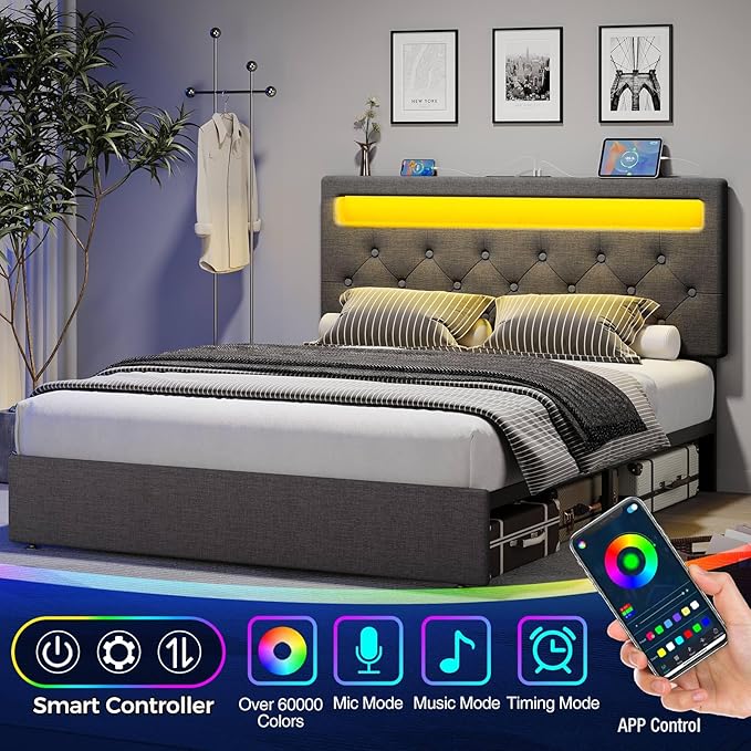Rolanstar Full Size Bed Frame with Charging Station, LED Bed with Under Bed Storage, Adjustable Headboard 38.9/40.8 Inches, No Box Spring Needed, Noise Free, Easy Assembly, Grey