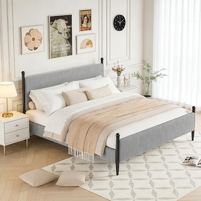 Garvee King Size Upholstered Bed Frame - with Velvet Headboard, Soft Corduroy Fabric Platform with Wooden Slats Support & Heavy Duty Feet, No Box Spring Needed, Noise Free, Easy Assembly, Grey