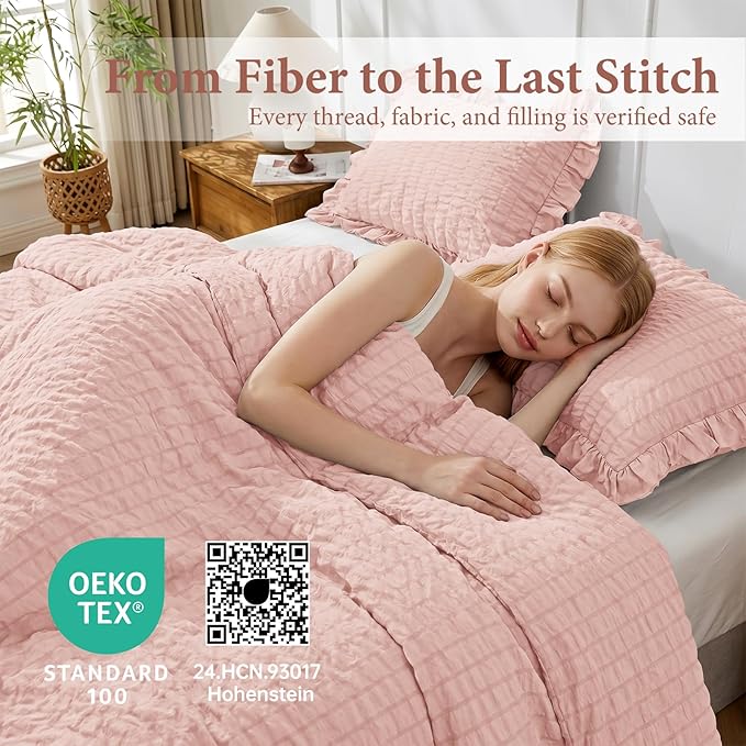 JOLLYVOGUE King Size Comforter Set, 3 Pieces Rose Gold Seersucker Comforters King Size, Lightweight & Fluffy Bedding Sets King for All Season with 1 Ruffle Comforter and 2 Ruffle Pillowshams