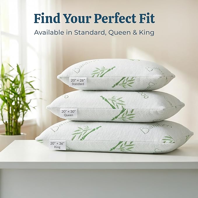 OMEO 2 Pack King Size Rayon Derived from Bamboo Pillow for Sleeping Shredded Memory Foam Bed Pillows for Side, Back and Stomach Sleepers, Soft, Cooling, Adjustable and Washable Cover 20" x 36"