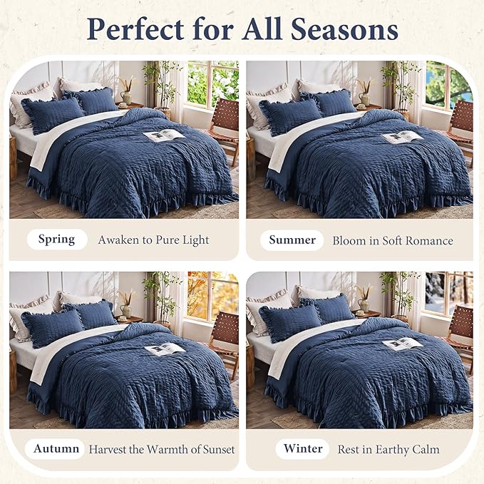 JOLLYVOGUE Navy Blue Comforter Full Size, 3 Pieces Seersucker Lightweight Full Size Bedding, All Season Fluffy Microfiber Bedding Comforter Set with 1 Ruffle Comforter and 2 Ruffle Pillowshams