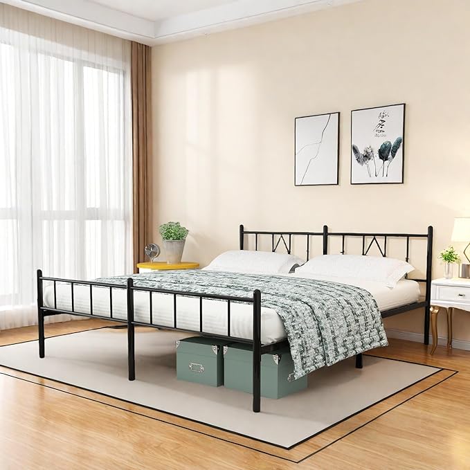 FONTOI King Size Bed Frame, 14 Inch Metal Platform Bed with Iron-Art Headboard & Footboard, Max 3500lbs Metal Slat Support, Bed Frame with No Box Spring Needed, Under Bed Storage, Black