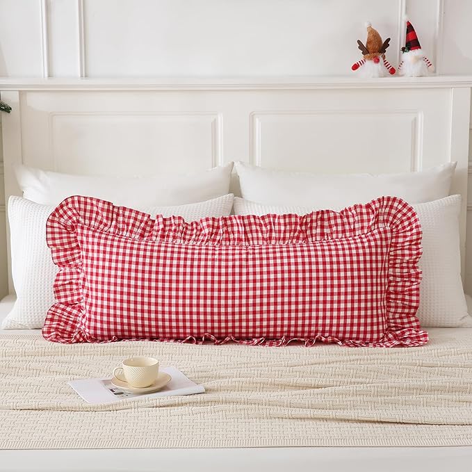 14x36 inches Red/White Plaid Ruffle Lumbar Gingham Pillow Sham 1 Piece, Pure Cotton Decor Pillowcase Farmhouse Pillow Cover for Bedding Couch