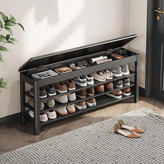 IUNVR Shoe Rack Bench Seat Rubberwood 3-Tier Wooden Storage Bench 550lbs Compact Mid-Century Modern Design for Entryway, Hallway, Closet, Front Door Entrance, Foyer