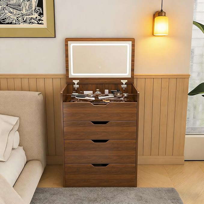 Casaphoria Vanity Desk with Mirror and Lights, 3-in-1 Flip Top Makeup Vanity Table with Stool and Storage, Compact Dressing Table for Small Space, Walnut Finish (23.62 Inch)