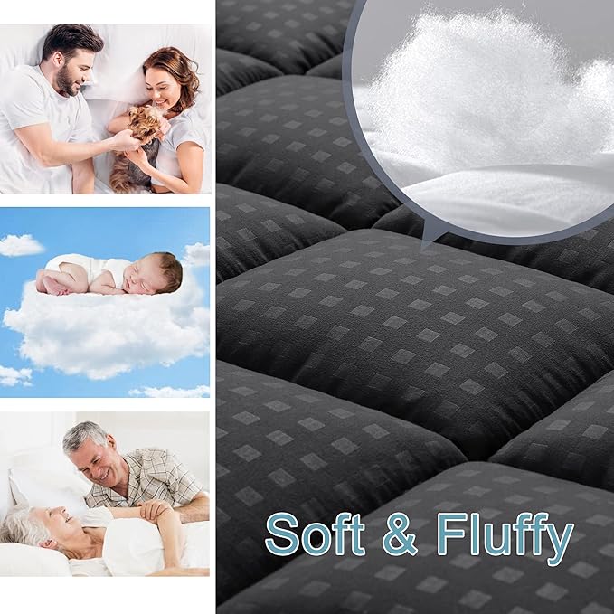 HYLEORY Twin XL Mattress Pad Quilted Fitted Mattress Protector Cooling Pillow Top Mattress Cover Breathable Fluffy Soft Mattress Topper with 8-21" Deep Pocket, Black