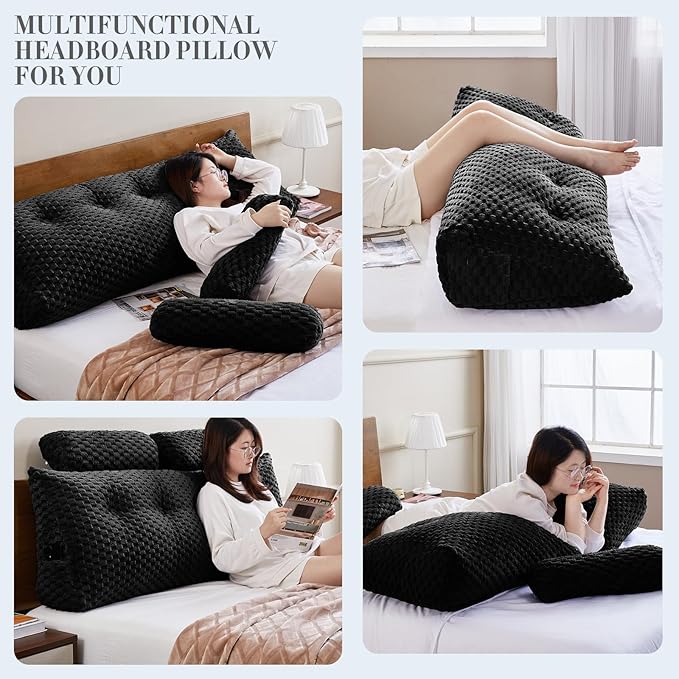 Wedge Headboard Pillow - Bed Wedge Pillow for Headboard Triangular Headboard Pillow with Neck Roll Pillow-Large Bolster Pillow for Sitting in Bed Backrest Positioning Support (Black,59x8x20 Inches)