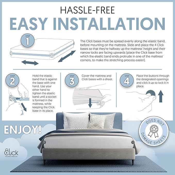 Click Bed Sheet Holder - No Lift Mattress Sheet Clips & Strap for Queen King Size Beds, Sheet Keepers to Keep Sheets on Bed, Heavy Duty Bedsheet Lock Fasteners to Hold Sheets in Place Firm & Tight