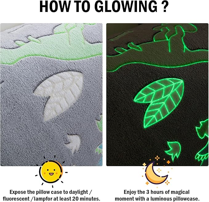 HOMBYS Glow in The Dark Body Pillow Cover, Soft Velvet Fluffy Bed Pillow Case, Fuzzy Long Pillowcase for Kids Boys Childern, Plush Decorative Throw Pillow Cover, 21x54 Inches, Green Grey