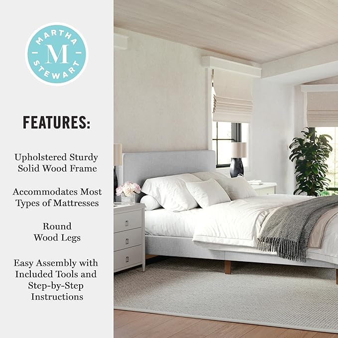 Martha Stewart Britta Platform Bed with Headboard & Footboard, Faux Linen Upholstery with Piping Detail, Rounded Headboard, No Box Spring Needed, King, Gray