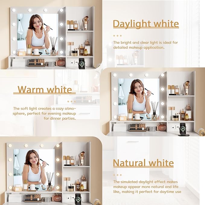 Furmax Vanity Desk with LED Lighted Mirror&Power Outlet, 39.3’’ Makeup Vanity Table with 4 Drawers and 3 Storage Shelves, Adjustable 3 Lighting Colorfor Bedroom&Dressing Room (White)