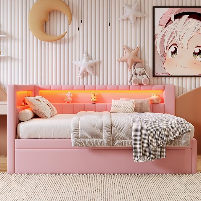 Merax Full Size Modern Upholstered Platform Bed with USB Ports & Trundle Bed, Floor Daybed with Wood Slat Support, Storage Bed Frame with Headboard/Full, Pink