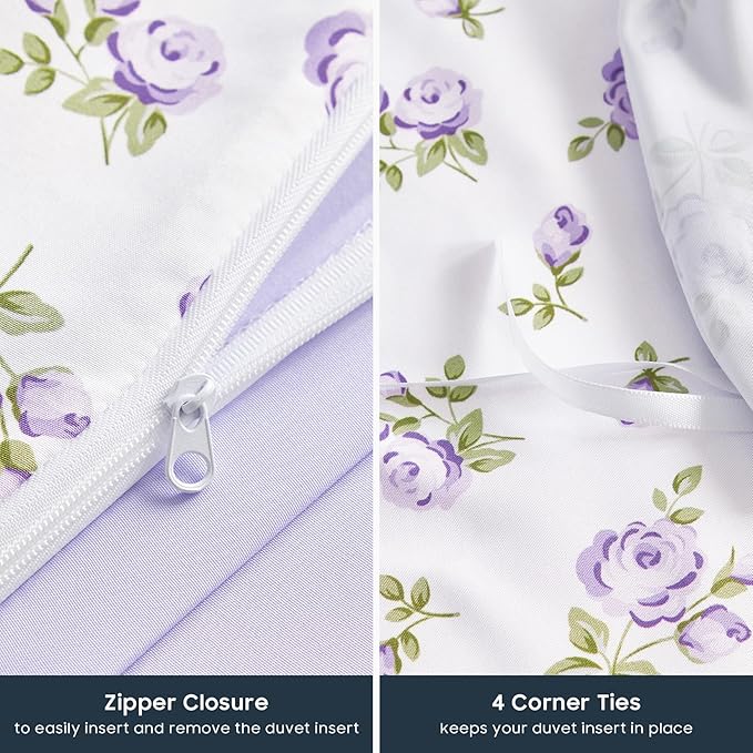 Wake In Cloud - Coquette Duvet Cover Set, Floral Cottagecore Flower Shabby Chic Cute Aesthetic, Soft Lightweight Bedding for Women Teen Girls, 3-Piece, White Purple, Twin/Twin XL Size