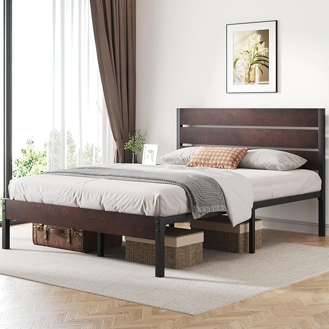 Fluest Queen Bed Frame with Headboard and Footboard, with Under Bed Storage, All-Metal Support System, No Box Spring Needed, Easy Assembly, Red Brown