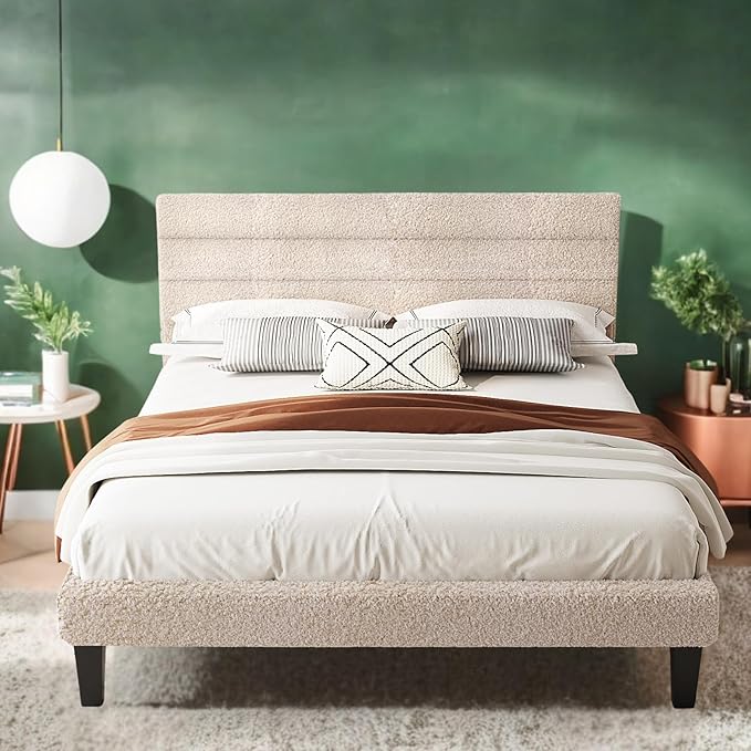 VINGLI Queen Bed Frame with Headboard, Upholstered Boucle Bed Frame,Cozy Low Profile Platform Bed with Wooden Slats and Fabric Adjustable Headboard, Mattress Foundation, Cream, Noise Free,Beige