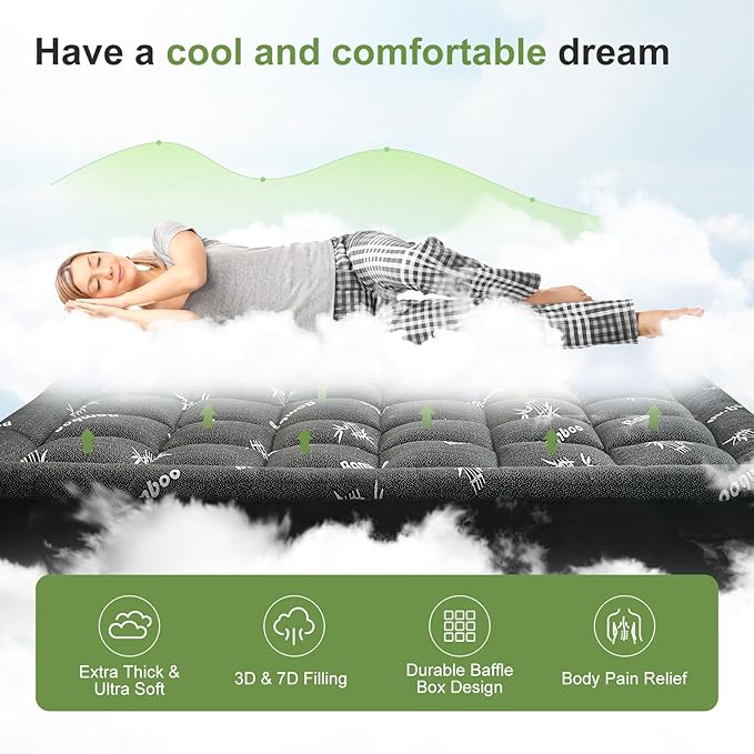 Full Size Mattress Topper Viscose Derived from Bamboo, Soft Thick Pillow Top Mattress Pad Cover for Back Pain, Cooling Mattress Protector with 8-21 Inch Deep Pocket, Dark Grey