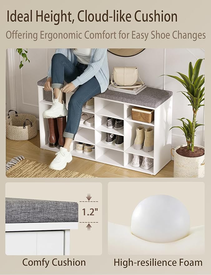 DINZI LVJ Shoe Storage Bench with Cushion, 14-Cubby Shoe Rack, Adjustable Shelves, Multifunctional Shoe Organizer Bench for Entryway, Mudroom, Hallway, Living Room, Bedroom and Garage, White