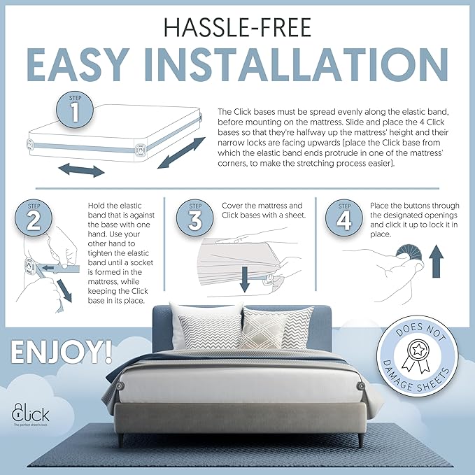 Click Bed Sheet Holder - No Lift Mattress Sheet Clips & Strap for Queen King Size Beds, Sheet Keepers to Keep Sheets on Bed, Heavy Duty Bedsheet Lock Fasteners to Hold Sheets in Place Firm & Tight