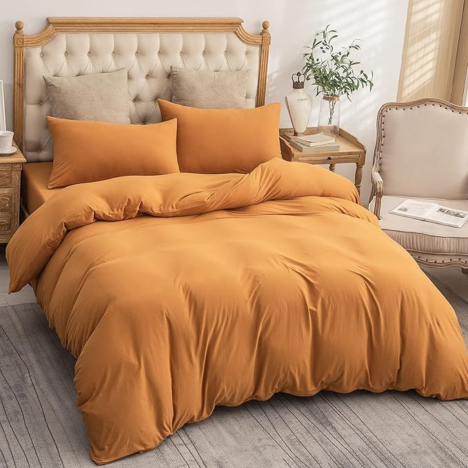 PURE ERA Jersey Knit Duvet Cover Set 100% T-Shirt Cotton Super Soft Comfy 3pc Bedding Set with Zipper Closure (Solid Burnt Orange, Cal King)