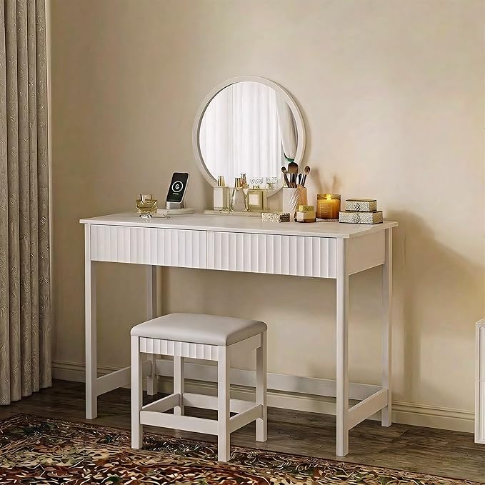 ChooChoo 47.2 Inch Modern Desk with Drawers, Makeup Vanity Desk with Padded Stool, Writing Computer Desk for Home Office & Bedroom, White