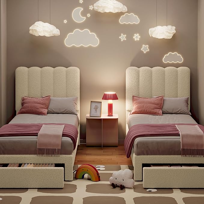 IDEALHOUSE Twin Bed Frame with Storage Drawer and Headboard, Boucle Upholstered Twin Platform Bed Frame for Girls, Strong Wooden Slats Support, Noise-Free, Easy Assembly (Boucle Beige)