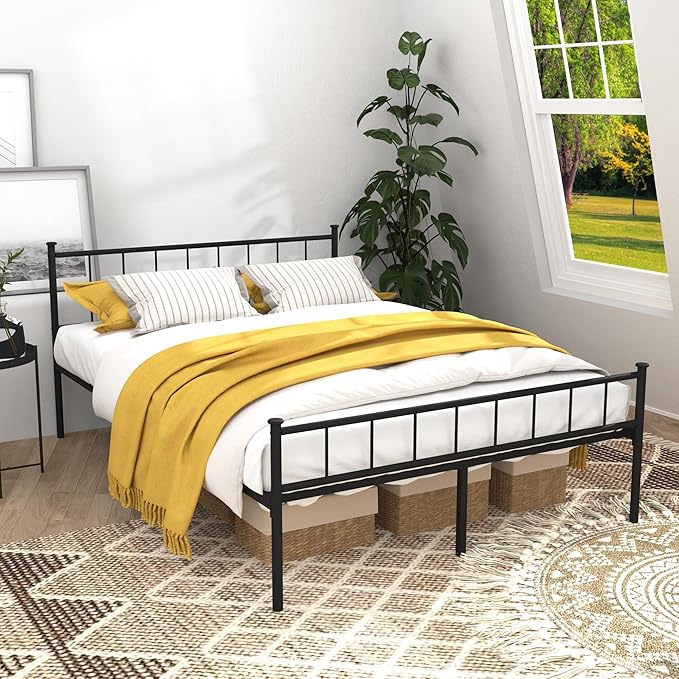 Queen Metal Platform Bed Frame, Victorian Vintage Style, Wrought Iron Headboard, Steel Slats, No Box Spring Needed (Black, Full)