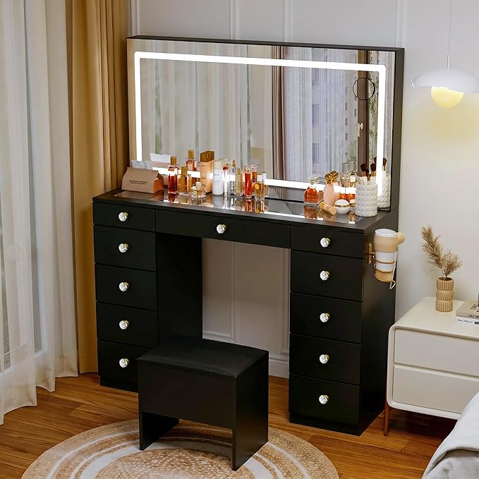 11 Drawers Glass Top Vanity Desk with Chair, Crystal Handles Makeup Vanity with Mirror and Lights, Dressing Table with Power Outlet, Adjustable Lighting Modes, Black