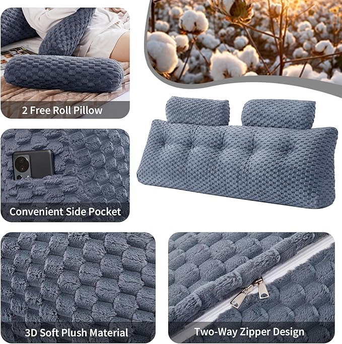 Wedge Headboard Pillow King- Bed Wedge Pillow for Headboard Triangular Headboard Pillow with Neck Roll Pillow-Large Bolster for Sitting in Bed Backrest Positioning Support (Grey,76x8x20 Inches)
