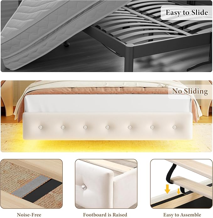Keyluv Queen Bed Frame Butterfly-Pattern Upholstered Headboard, Modern Floating Bed with LED Lights Button Tufted on Headboard and Footboard, Slats Support No Box Spring Needed, Noise-Free, Beige
