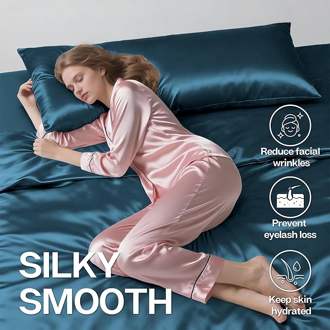 MR&HM Satin Body Pillow Cover, Soft and Breathable Body Pillow Case with Envelope Closure, Cooling and Silky Long Pillowcase for Hair and Skin,Grey (20x54, Teal)