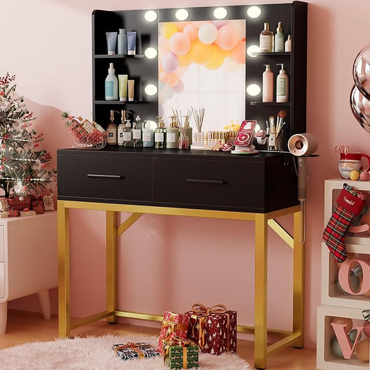 Furmax Vanity Desk with Mirror and LED Light Bulb, Small Makeup Vanity Table with Drawers, Dressing Table with Power Outlet and Hair Drayer Holder for Bedroom (Black & Gold)