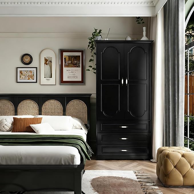 FJTJBSI Armoire Wardrobe Closet with 3 Drawers and LED Light 72" Wooden Bedroom Armoire with 2 Doors and Retro Ceramic Door Handles Modern Wardrobe Cabinet with Removable Hanging Rod Black