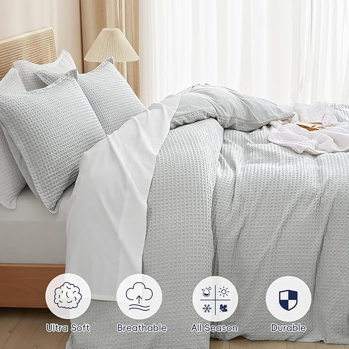 PHF Waffle Weave Duvet Cover Set Queen Size, No Snagging Ultra Soft Luxury Textured Breathable Comforter Cover for All Season 3pcs, Durable Bedding Duvet Set with 2 Pillow Shams, 90"x90", Light Grey