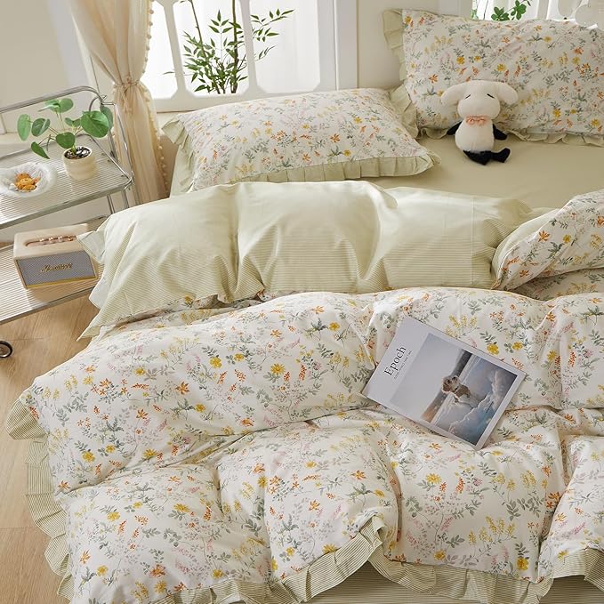 mixinni 100% Cotton Duvet Cover Set Twin XL, Reversible Spring Floral Ruffle Green Striped Bedding for Girls, French Country Cottagecore Aesthetic 3PC Duvet Cover with Zipper Closure & Pillowcases