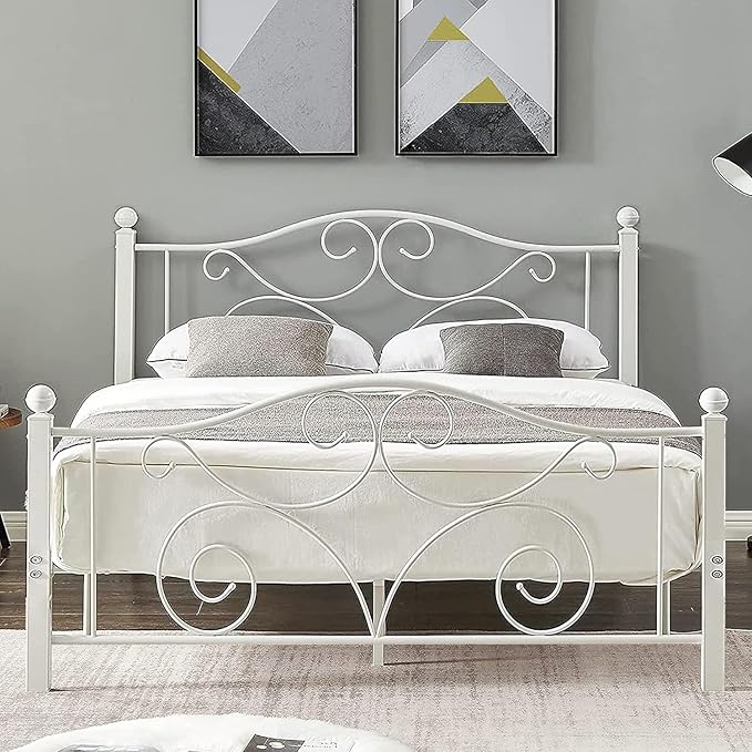 VECELO Full Size Bed Frame with Headboard and Footboard, Heavy Duty Metal Slat Support, Platform Mattress Foundation, No Box Spring Needed, Easy Assembly, White