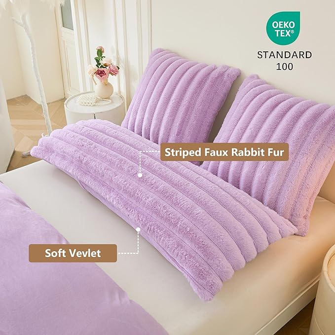 MEGO Fluffy Faux Rabbit Fur Body Pillow Cover 20x54, Comfy Plush Fuzzy Striped Bedroom Bed Pillowcase, Light Purple Shaggy Ribbed Long Bolster Pillow Cover with Zipper for Kids Girls Adults, Lavender