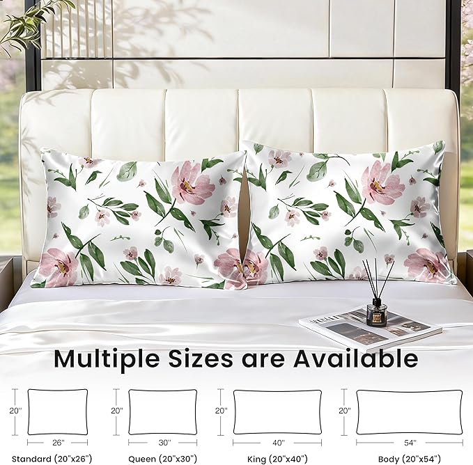 EXQ Home Satin Pillowcase for Hair and Skin Queen - Printed Pink Bloom Silk Pillow Cases 2 Pack 20x30 inches - Satin Pillow Cases Set of 2 with Envelope Closure, Gifts for Women Men