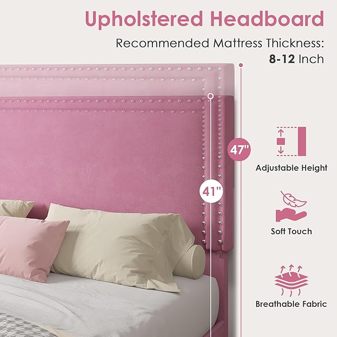 VECELO Twin Size Platform Bed Frame with Height Adjustable Upholstered Headboard, Modern Mattress Foundation,Strong Wood Slat Support, No Box Spring Needed, Easy Assembly,Pink