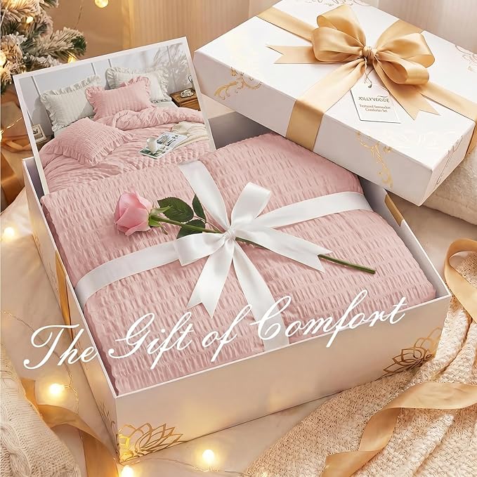 JOLLYVOGUE Twin Size Comforter Set, 2 Pieces Rose Gold Seersucker Lightweight Fluffy Bedding Set, Twin Ruffle Comforter, All Season Soft Microfiber Shabby Chic Bed Set