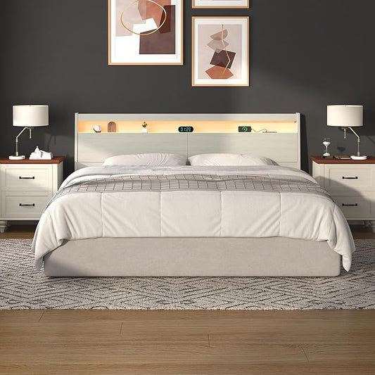Wooden Headboard Only with Storage, Skirting Groove for Enhanced Stability, Built-in Power Outlet, 2 USB Ports & LED Light - Solid Wood Leg Sturdy Stable Bed Backboard (Ivory White, King)