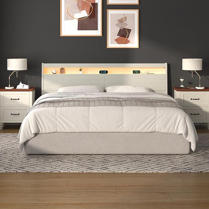 Wooden Headboard Only with Storage, Skirting Groove for Enhanced Stability, Built-in Power Outlet, 2 USB Ports & LED Light - Solid Wood Leg Sturdy Stable Bed Backboard (Ivory White, Queen)